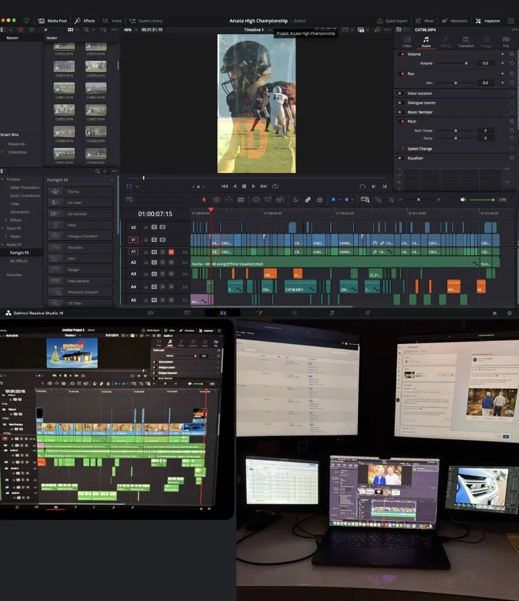 Five-screen DaVinci Resolve editing setup at Tex Kelly Productions