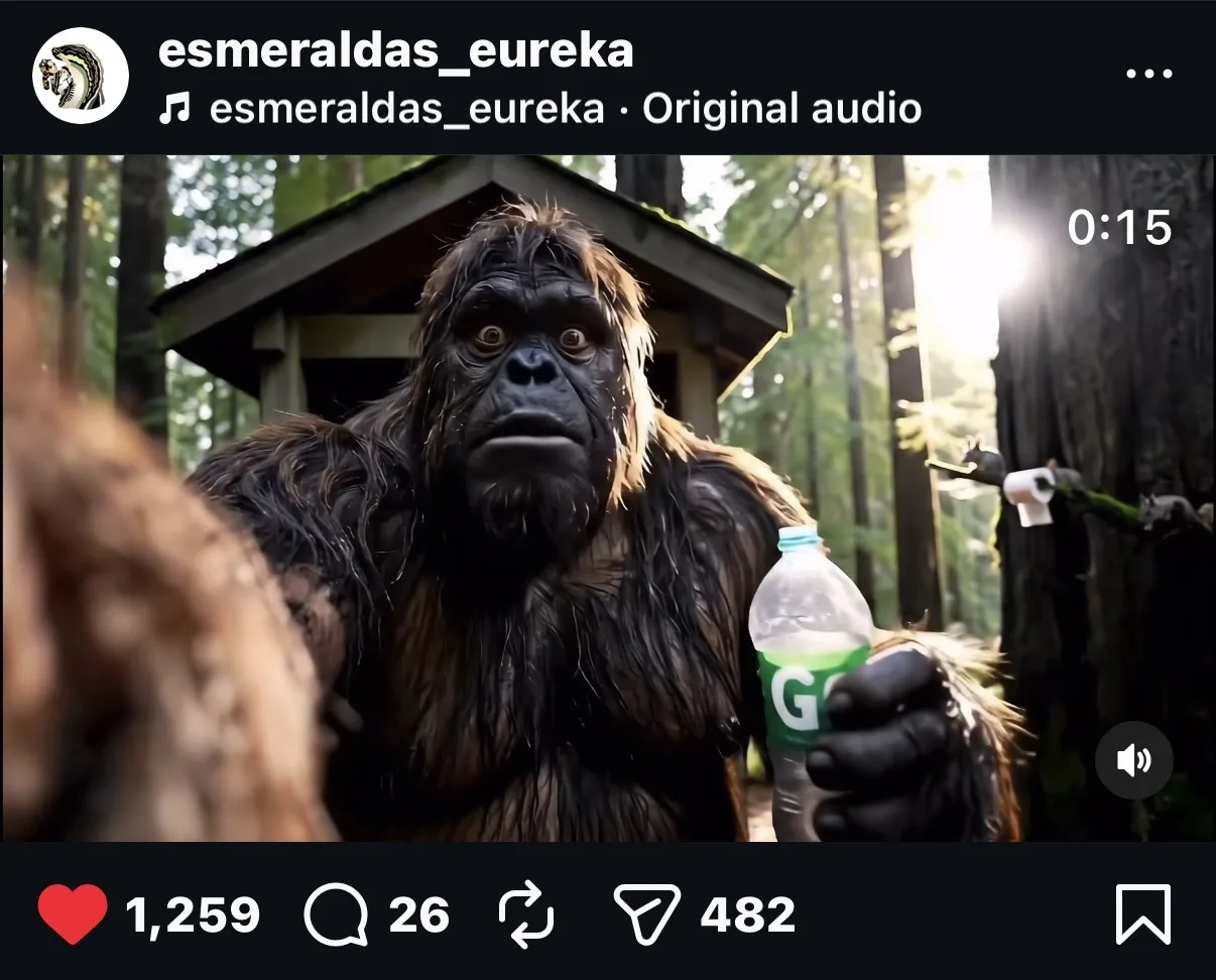 Still from the Esmeralda's 2.0 AI ad, a Bigfoot in downtown Eureka, made by Tex Kelly Productions