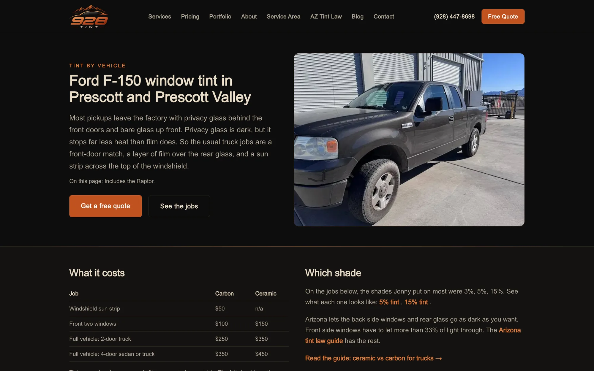 The Ford F-150 window tint page on 928tint.com