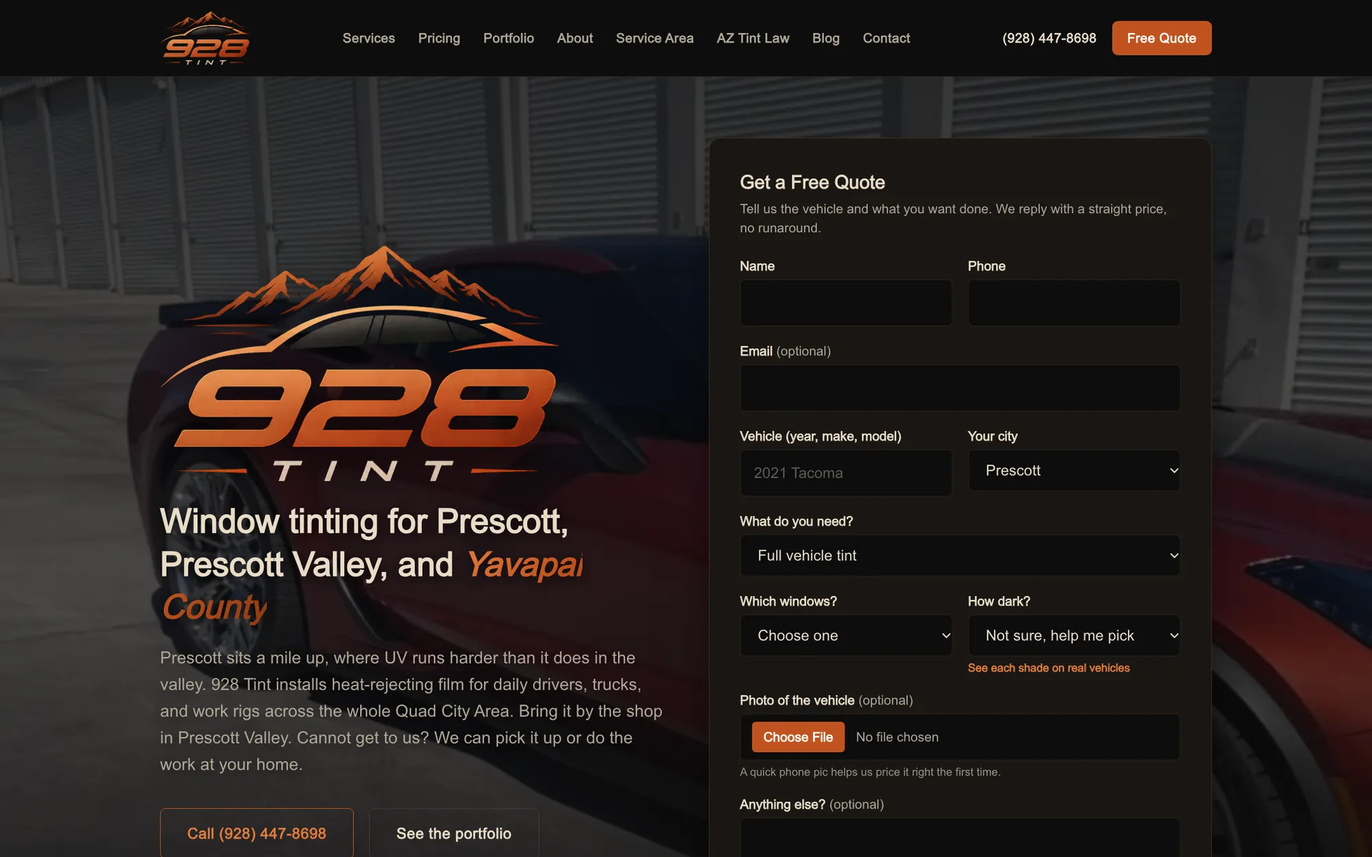 The 928tint.com home page, with the quote form beside the headline
