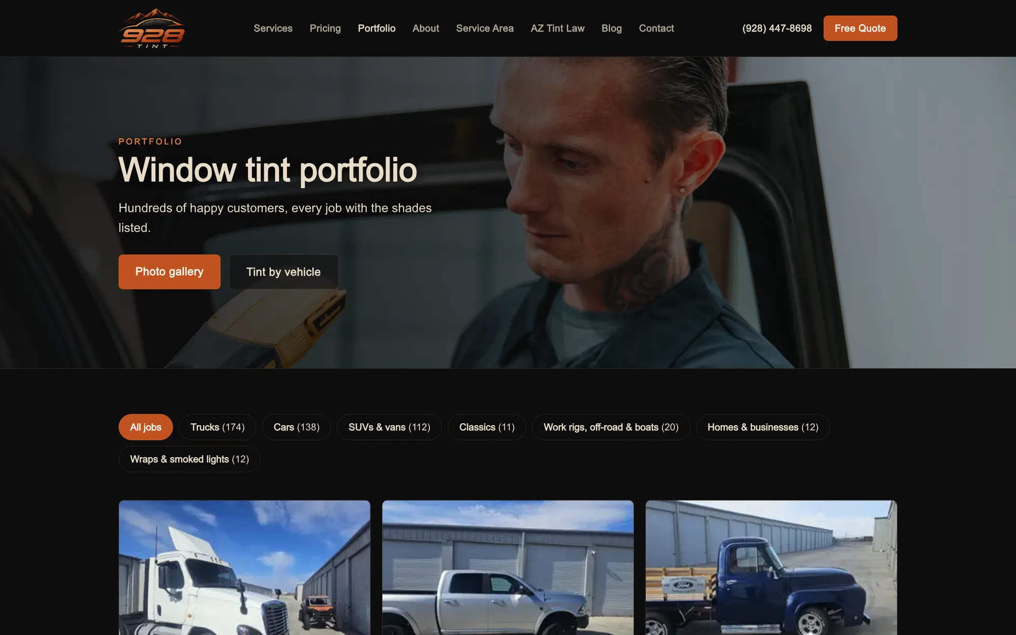 The portfolio page on 928tint.com, with jobs sorted by vehicle type