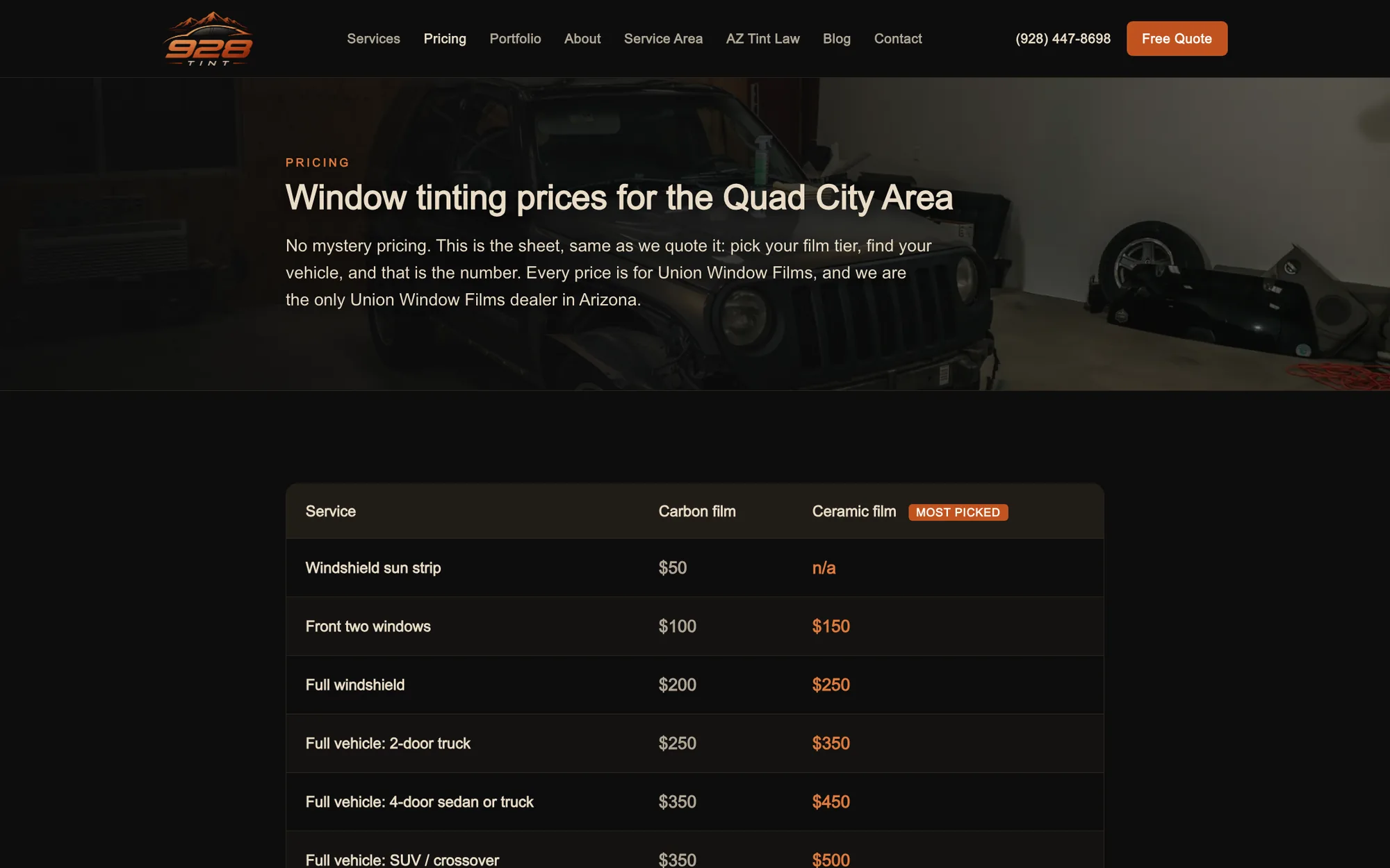 The pricing page on 928tint.com, with the full price sheet