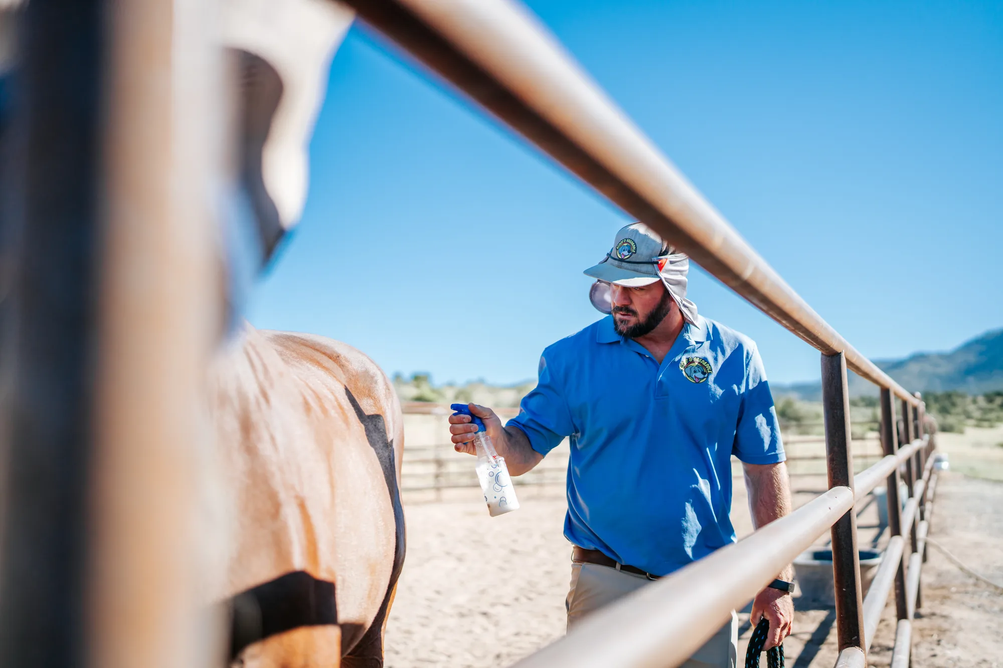 Scoop & Skedaddle team member spraying a horse, seen through the corral rails