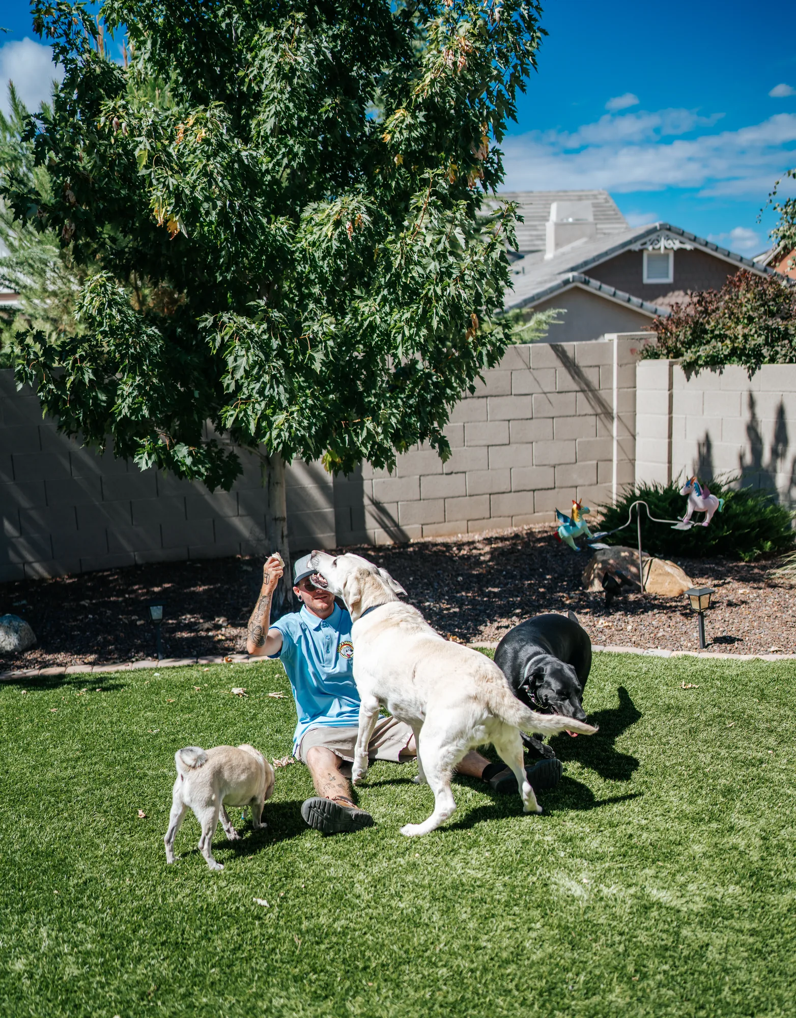 Scoop & Skedaddle technician kneeling on a backyard lawn with three dogs