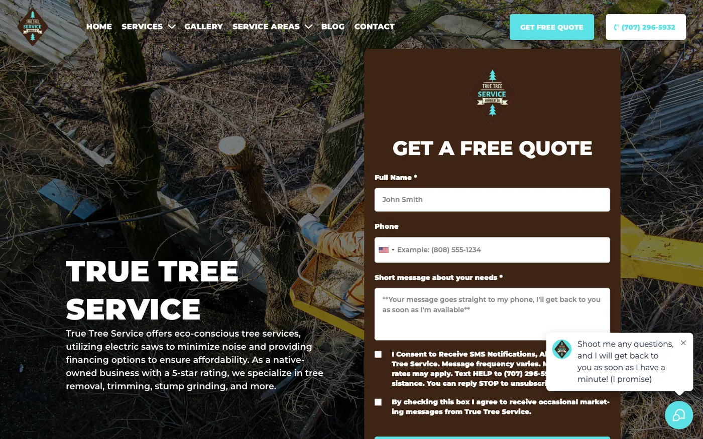 The old True Tree Service homepage built in GoHighLevel, with a quote form over a photo and a chat bubble covering part of the form