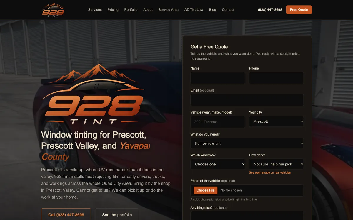 928 Tint homepage with the shop logo and a quote form