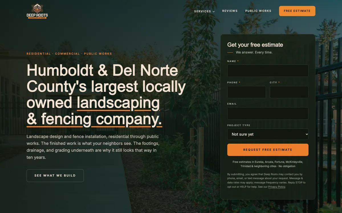 Deep Roots homepage with a free estimate form beside the headline