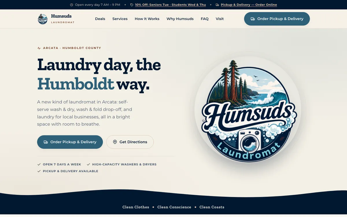 Humsuds Laundromat homepage with the round Humsuds logo and an order pickup and delivery button