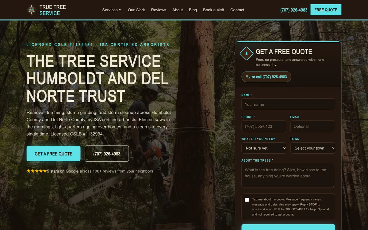 True Tree Service homepage with a quote form beside the headline over a redwood forest photo