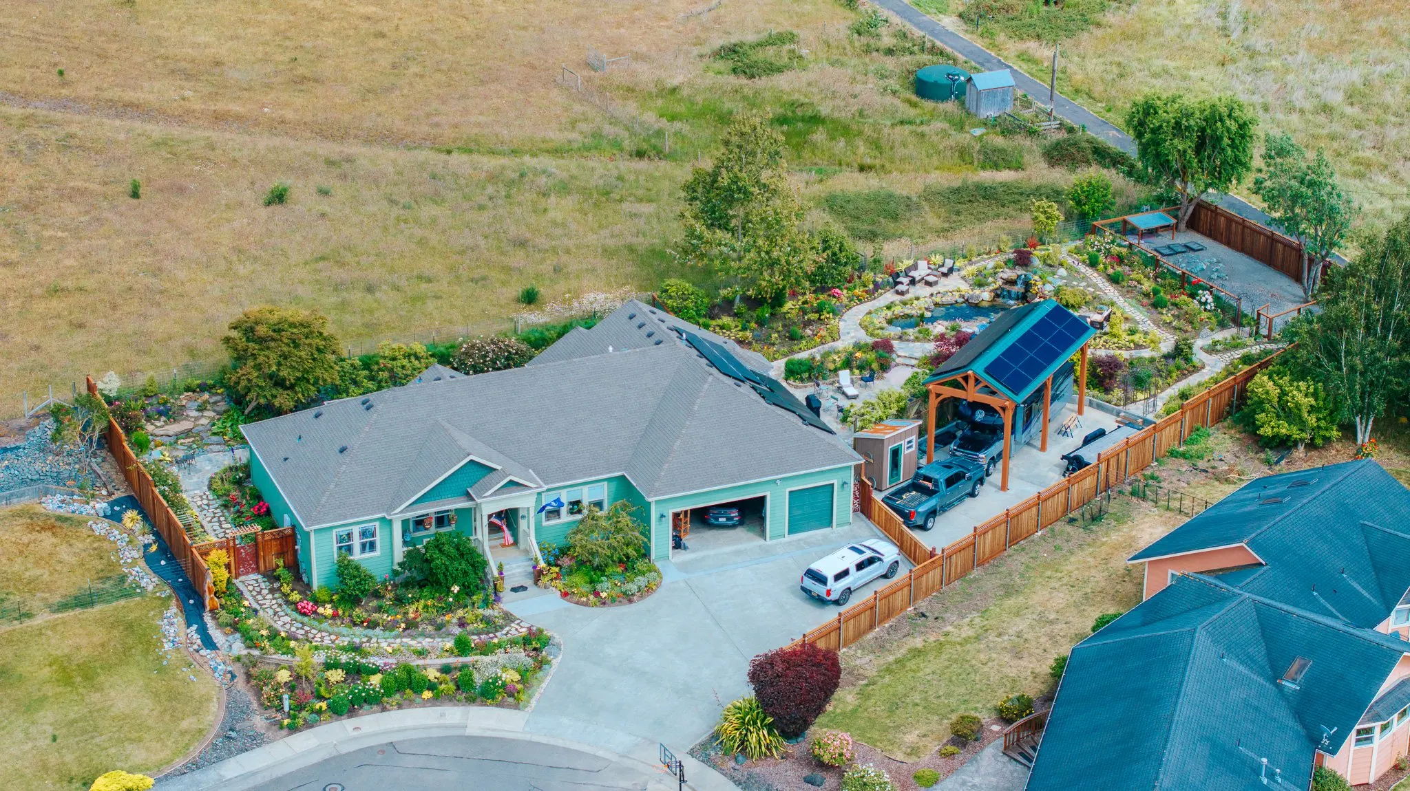 FAA Part 107 drone aerial shot of a residential roof, used for roofing contractor brand marketing