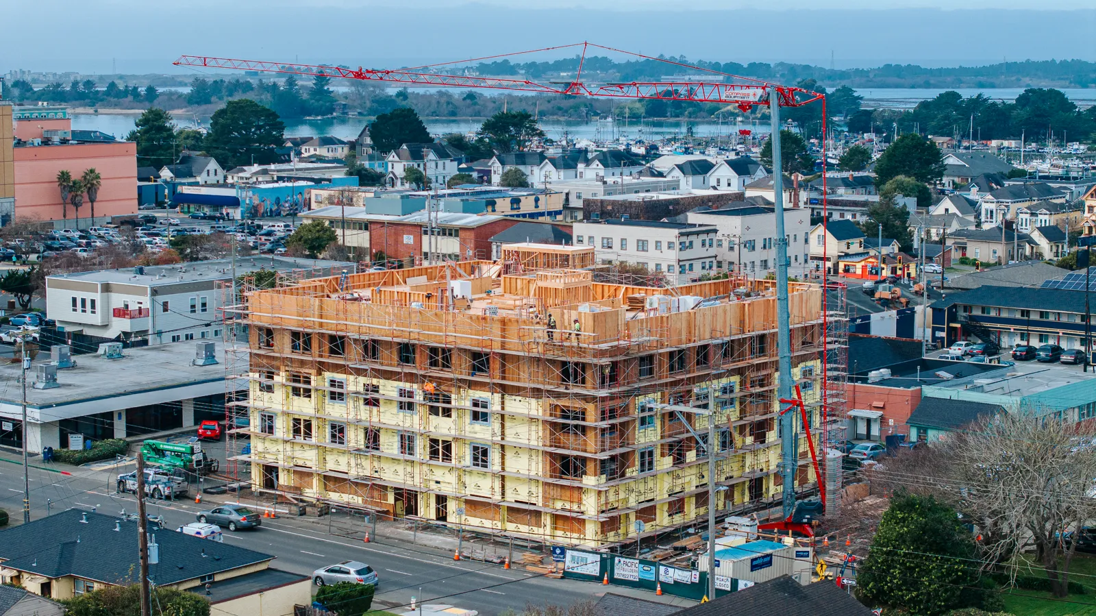 Five-story wood-frame construction site documented from the air. Drone Photography and Videography by Tex Kelly Productions, serving Williams, Arizona.