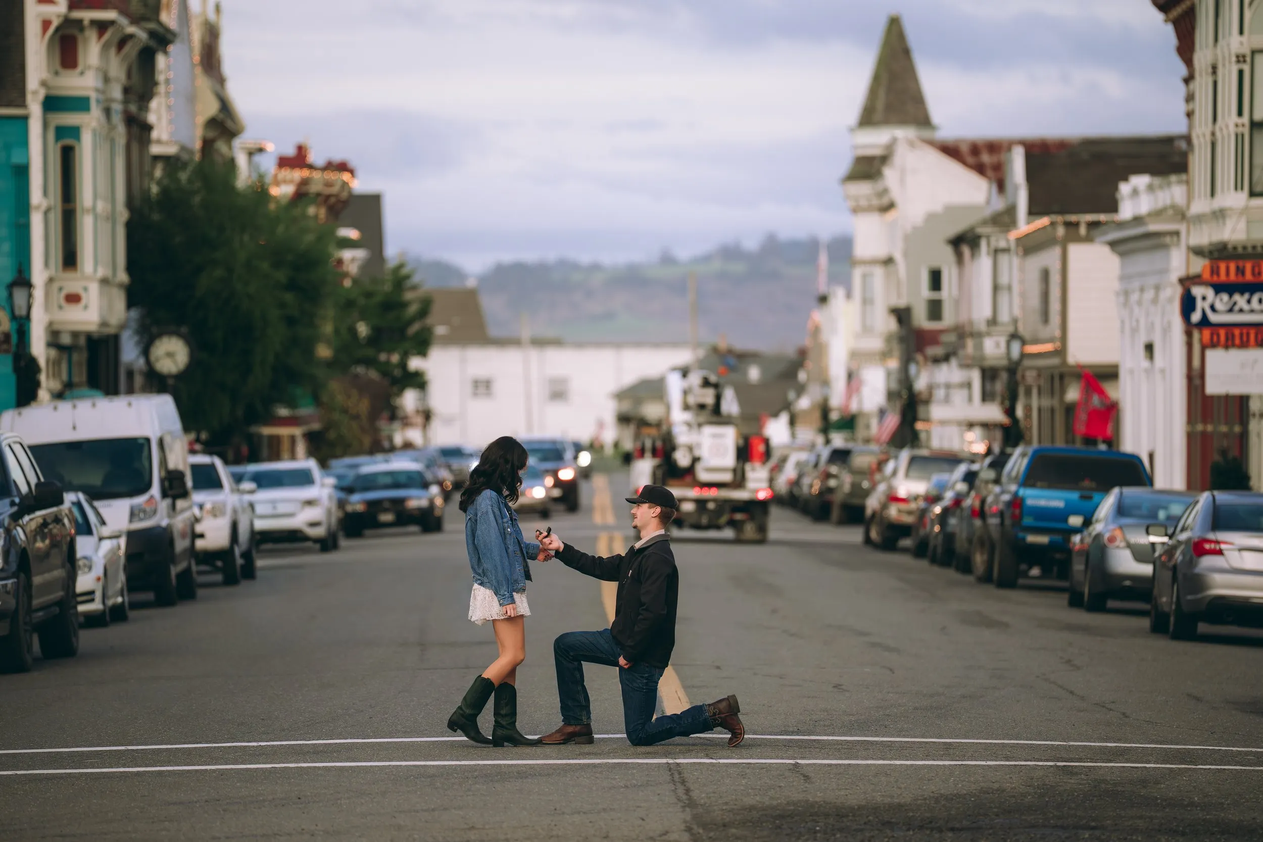Engagement portrait under filtered redwood light