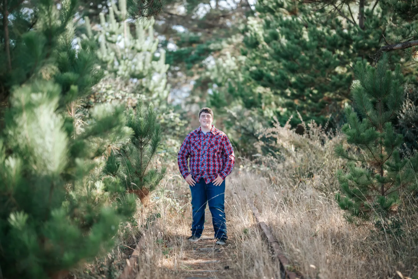 Dylan at his senior session under filtered redwood light