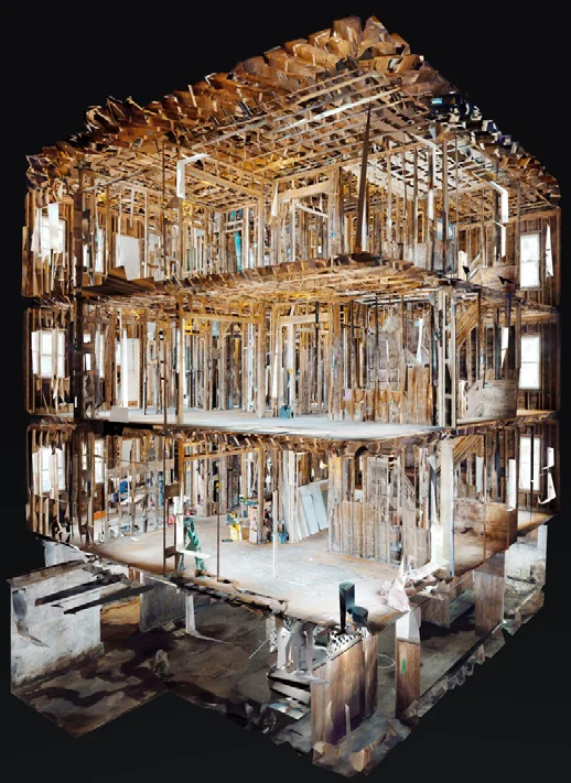 Three-story wood-frame building captured as a complete dollhouse 3D model (photo via Matterport partner materials)