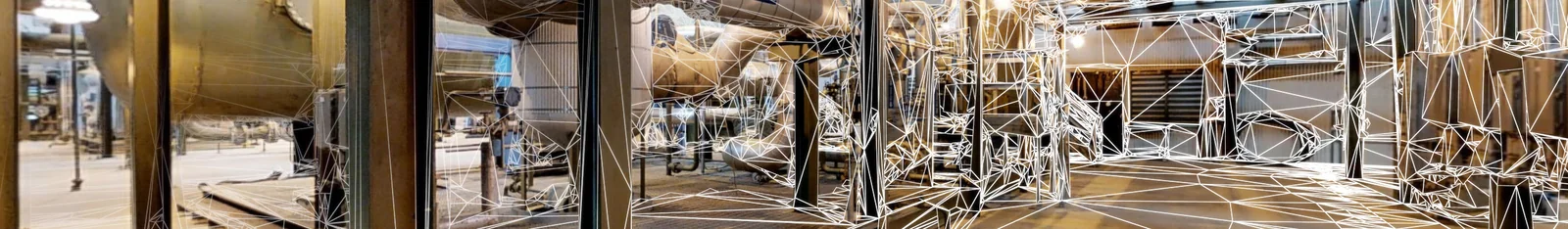 Panoramic view of an industrial facility with a LiDAR point cloud triangulation wireframe overlaid on the captured scene (photo via Matterport partner materials)