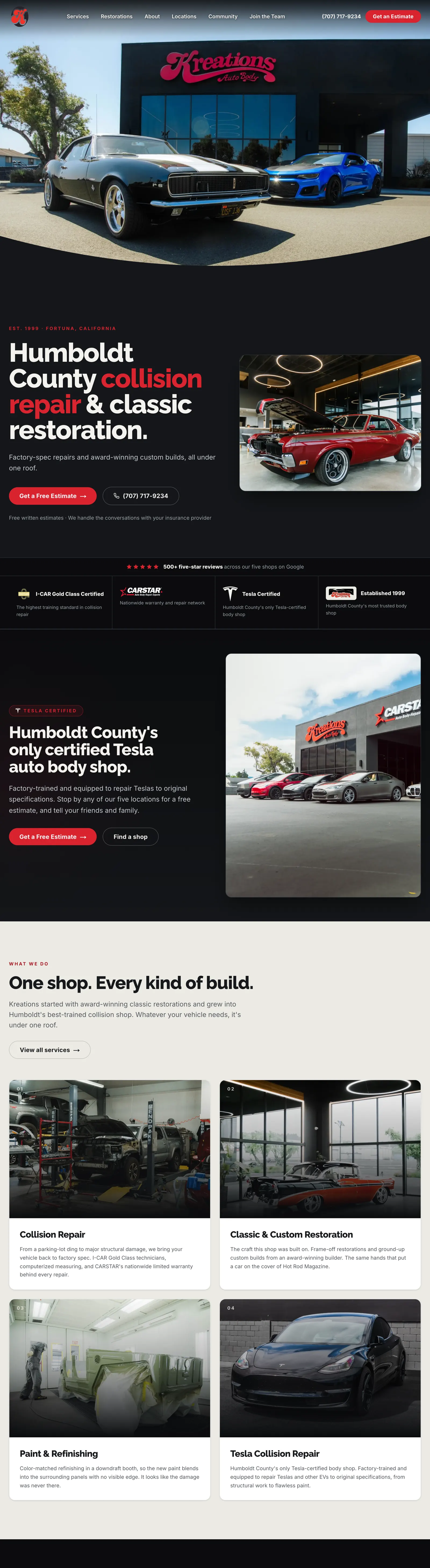 The new Kreations Auto Body website, a classic Camaro parked under the neon Kreations sign in the hero