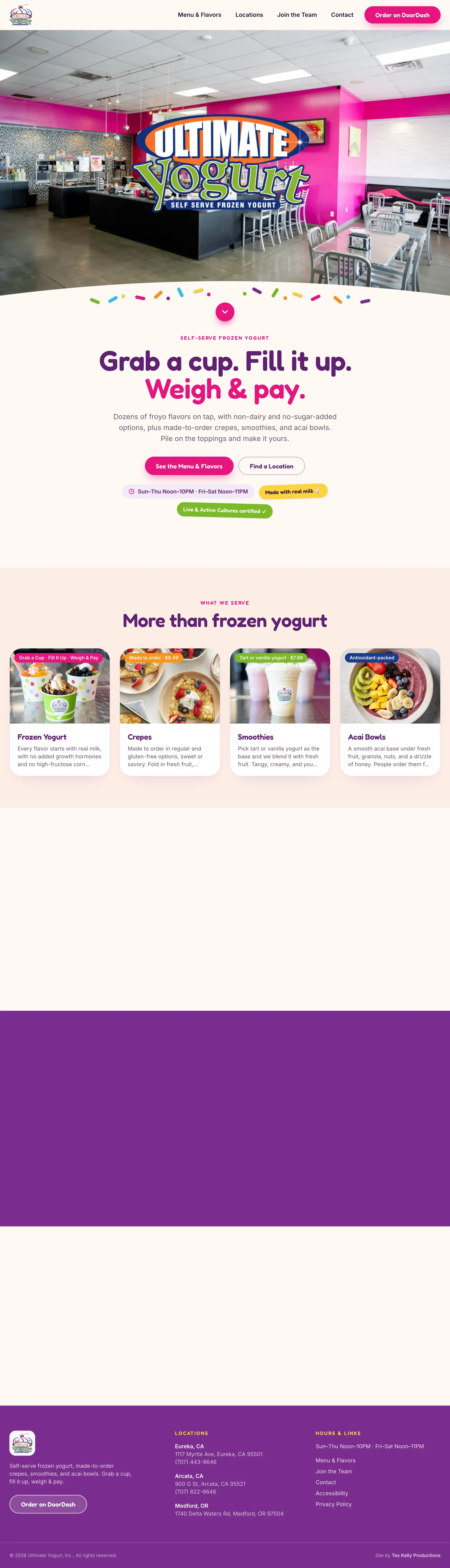 The new Ultimate Yogurt website, the shop's colorful logo over a bright photo of the self-serve counter