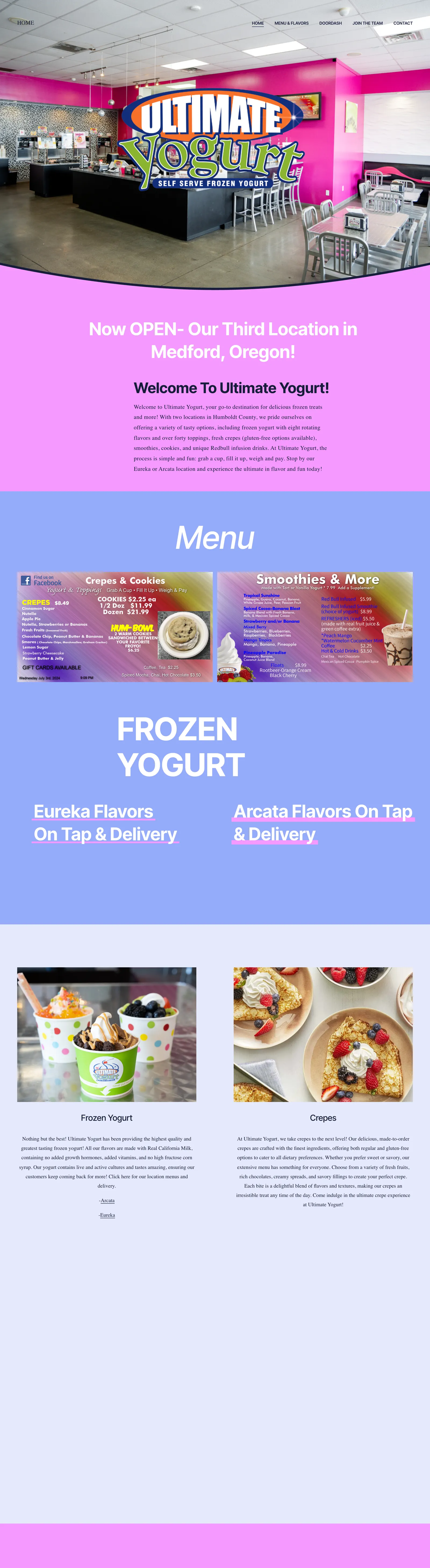 The old Ultimate Yogurt Squarespace site, a flat pink template with a menu graphic