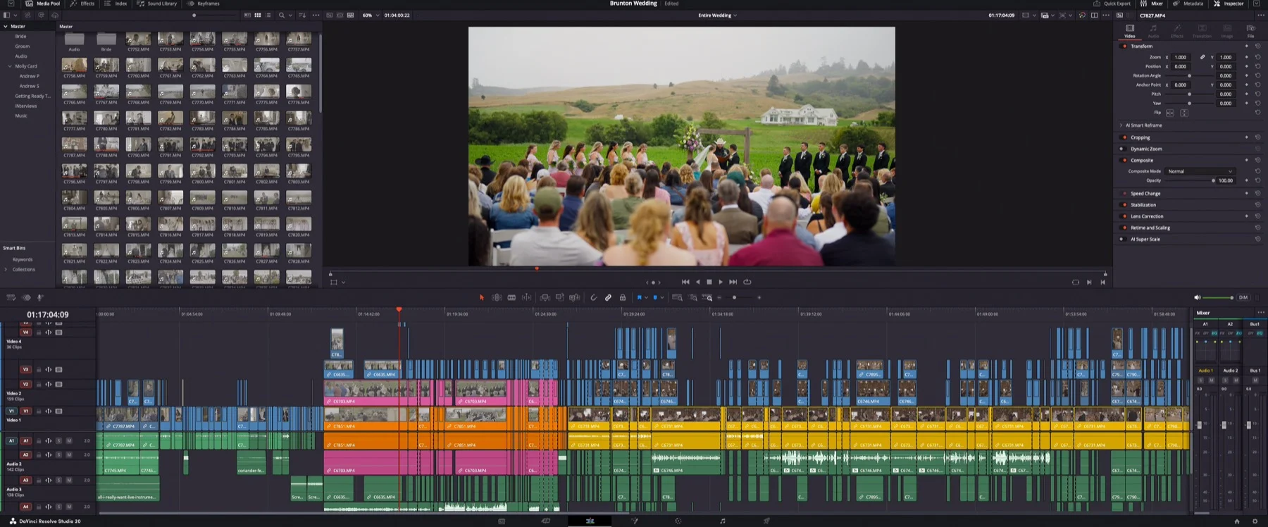 DaVinci Resolve wedding-film edit in progress. Tex Kelly Productions editing suite